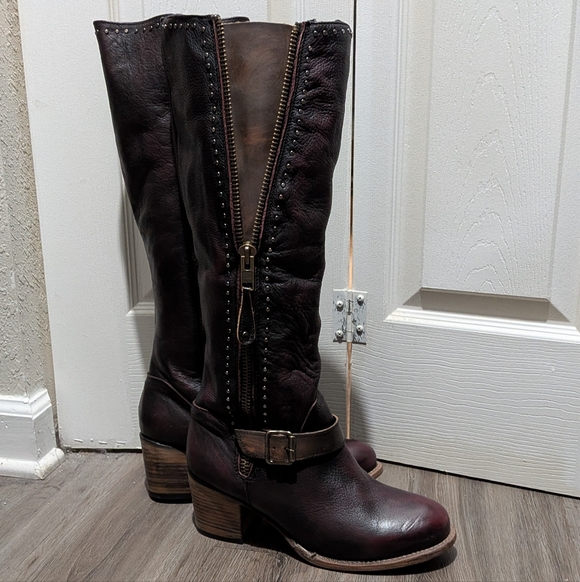NEW Freebird Carson Leather Tall Boots Sz 11 Burgundy & Brown Wide Calf - Picture 4 of 12